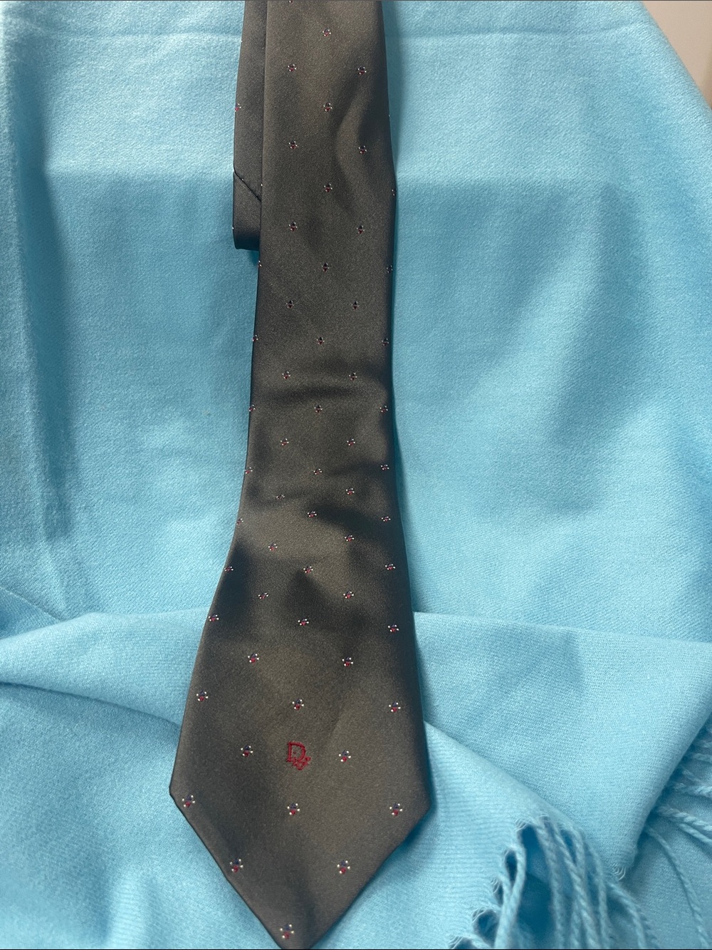 Dior Grey Silk Tie with Small Red Dot Pattern